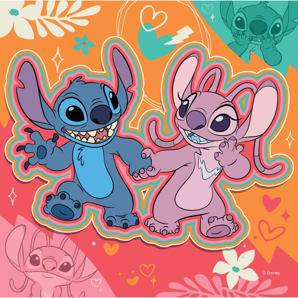Puzzle di Stitch. Stitch e Angel si tengono per mano su sfondo colorato. Cuori e fiori.