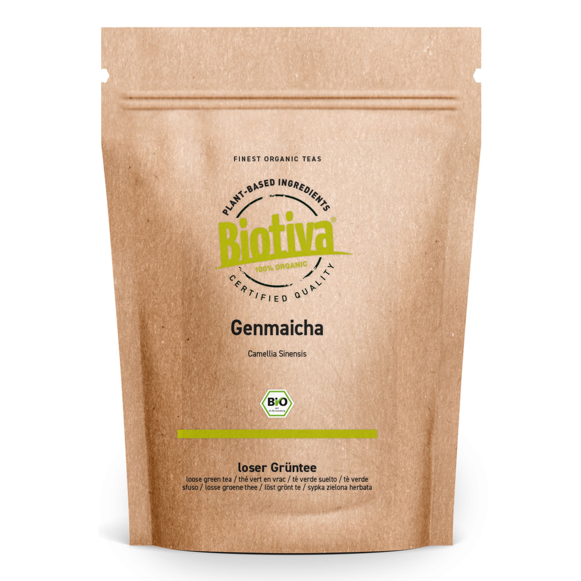 Busta marrone con logo Biotiva e scritta Genmaicha. Sigillo biologico e testo "lose Grüner Tee".
