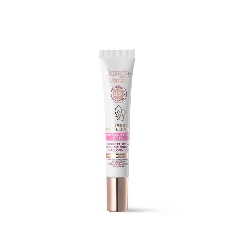 Tubo crema con stampa rosa. Testo: Bottega Verde, Fiore di Porcellana, Contorno Occhi. Chiusura dorata.