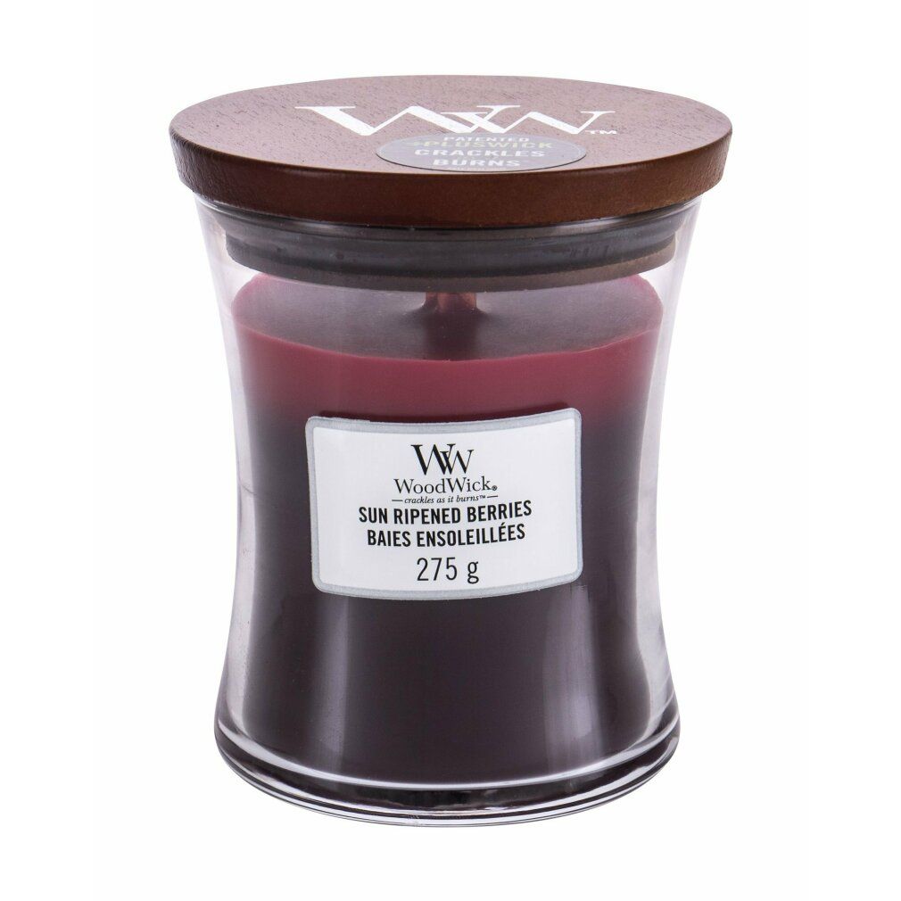Candela in vetro con coperchio in legno. Etichetta 'WoodWick Sun Ripened Berries'. Peso: 275g. Colori: rosso, bordeaux.