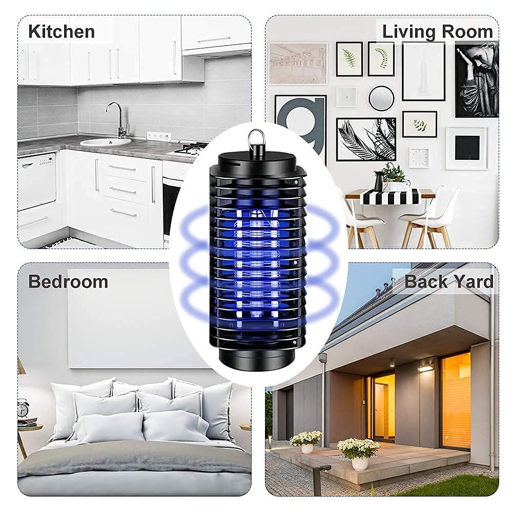 Repellente per insetti elettrico. Cilindrico, nero, con luce blu. Mostrato in diversi ambienti.