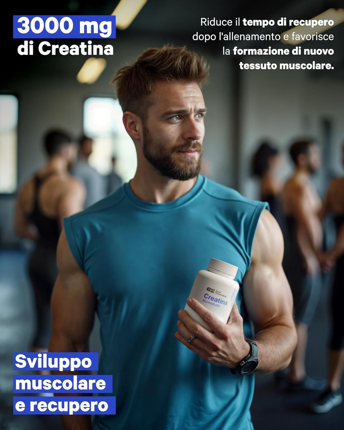 Uomo con flacone di compresse di creatina monoidrato in palestra, 3000 mg di creatina.
