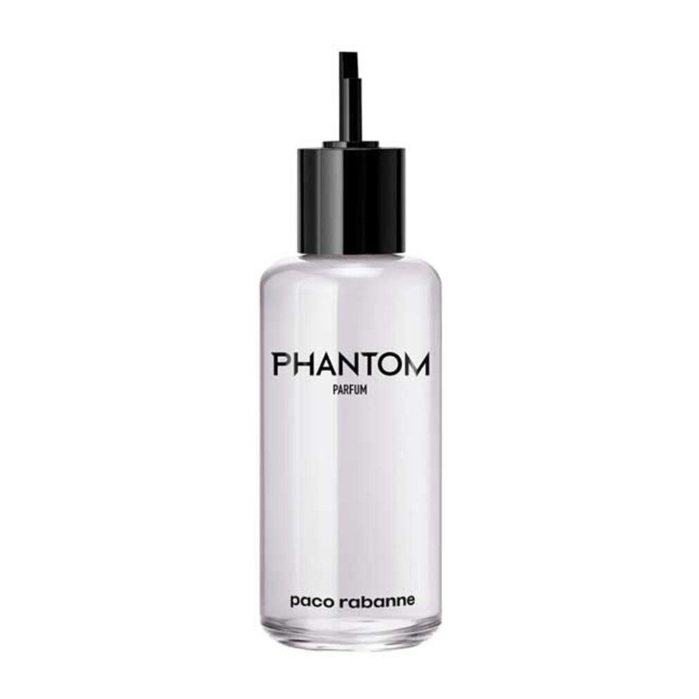 Flacone trasparente con tappo nero. Sul flacone sono presenti le scritte "Phantom Parfum" e "Paco Rabanne".