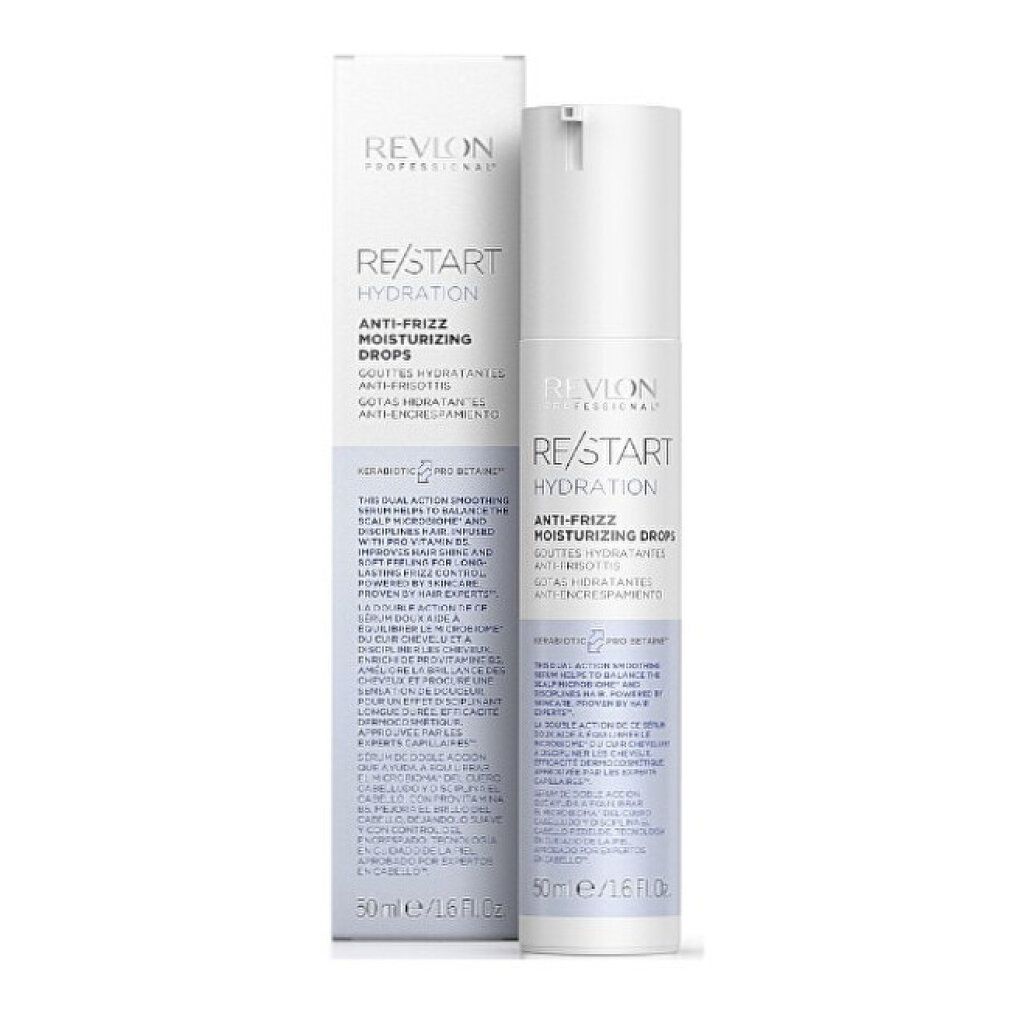 Flacone e confezione. Testo: RE/START Hydration Anti-Frizz Moisturizing Drops. 50ml/1.6 fl oz.