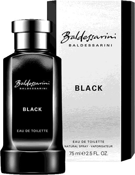 Flacone e confezione neri. Scritta: Baldessarini Black Eau de Toilette. Tappo argentato.