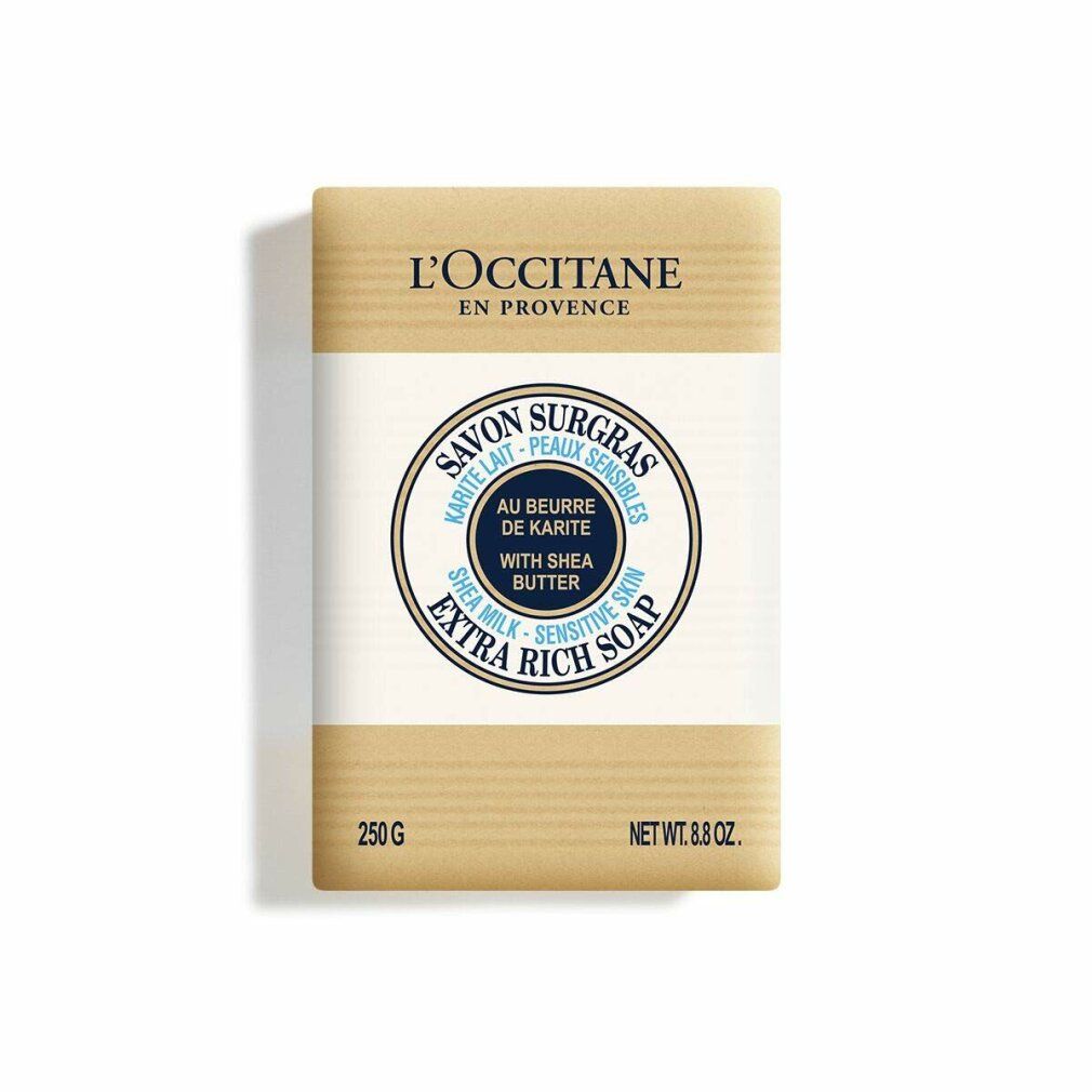 Sapone confezionato. Scritte: L'OCCITANE EN PROVENCE, Savon Surgras, Au Beurre de Karité, Shea Butter, Extra Rich Soap.