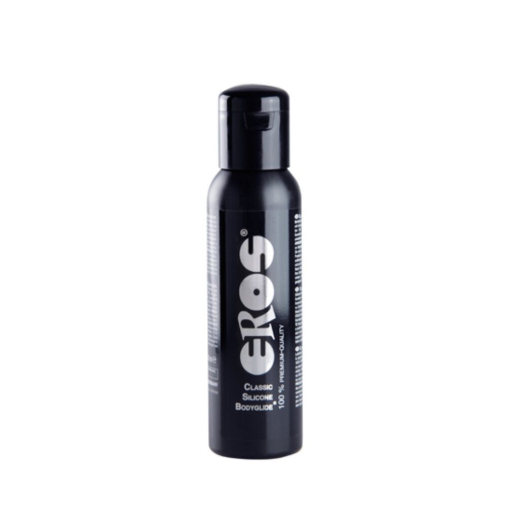 Flacone nero con tappo nero. Scritta: EROS, Classic Silicone Bodyglide, 100% Premium-Quality.