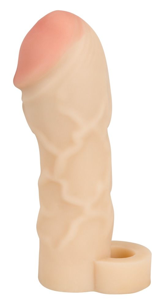 Fodera per pene beige con punta rosa. Base con apertura. Superficie dettagliata.