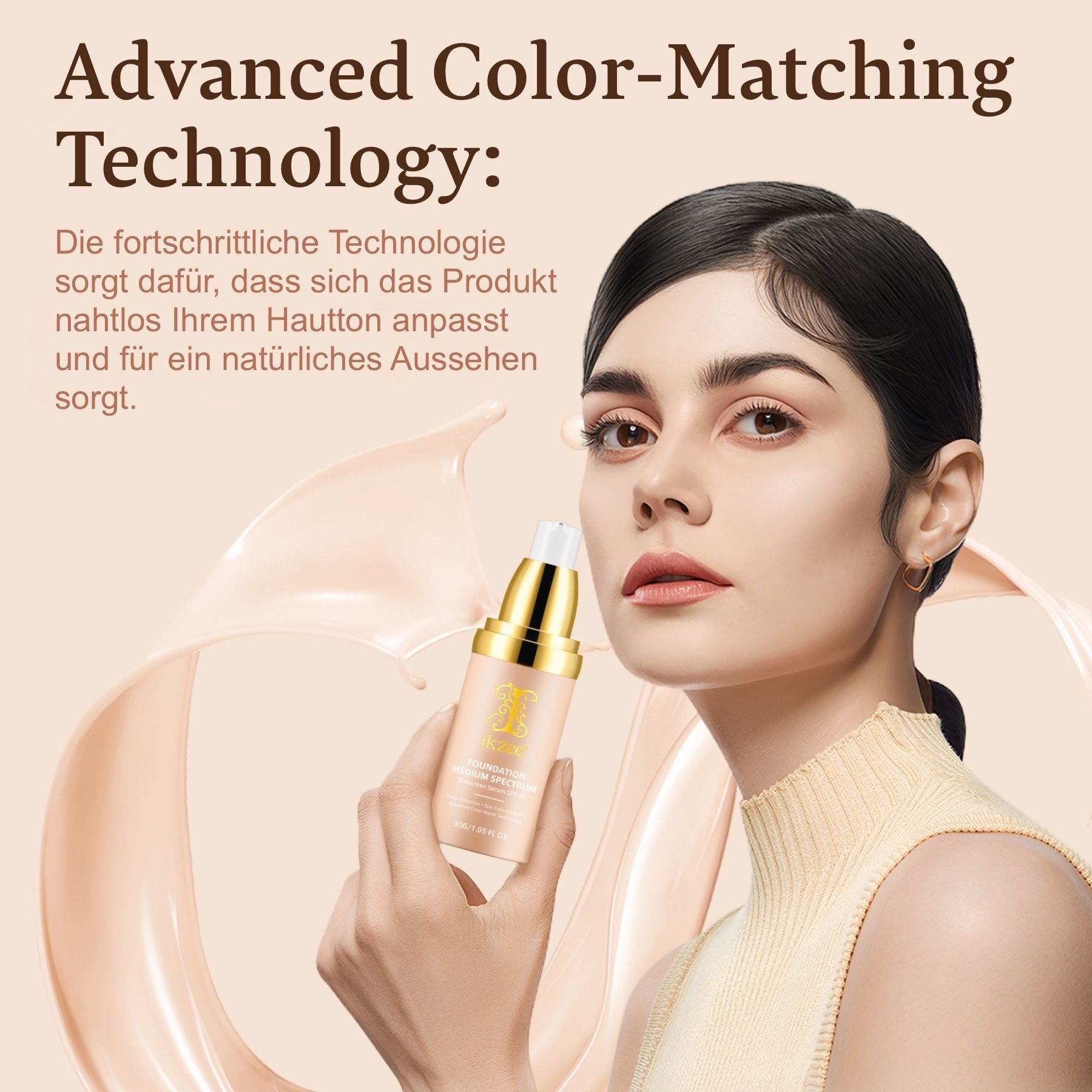 Una donna con fondotinta che si adatta all'incarnato. Il prodotto indica "Foundation Medium Spectrum SPF 50".