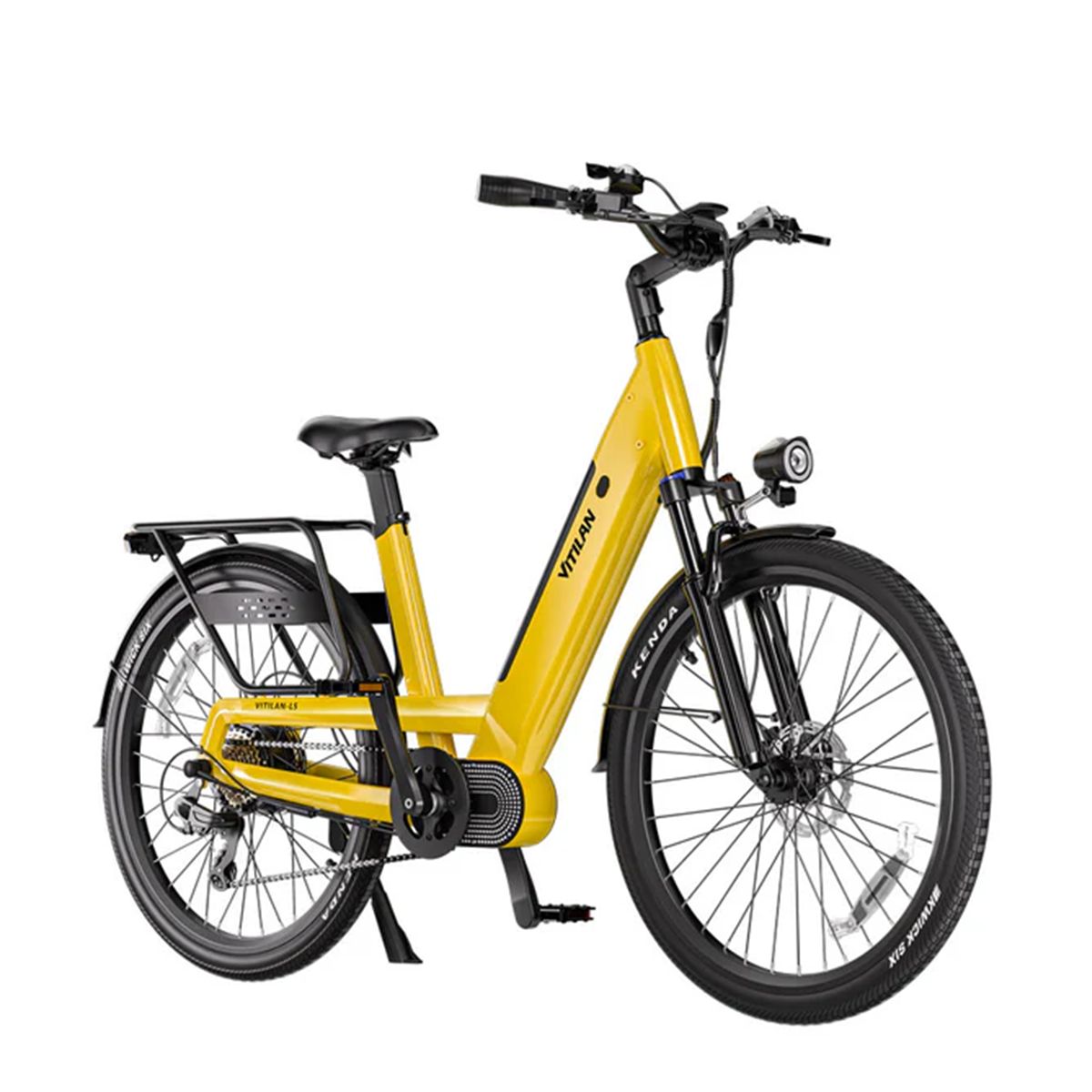 E-bike Vitilan L5 gialla. Pneumatici neri, portapacchi, faro. Scritta Kenda sui pneumatici.