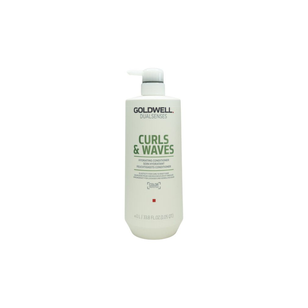 Flacone bianco con dosatore. Scritta: Goldwell Dualsenses Curls & Waves Conditioner. 1L.