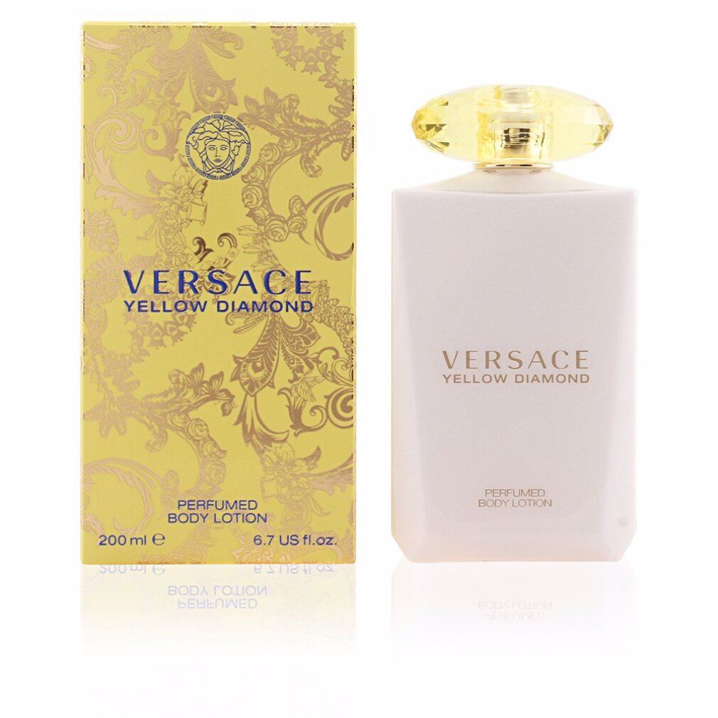 Flacone bianco e scatola gialla. Scritta: Versace Yellow Diamond. Lozione corpo profumata. 200ml.