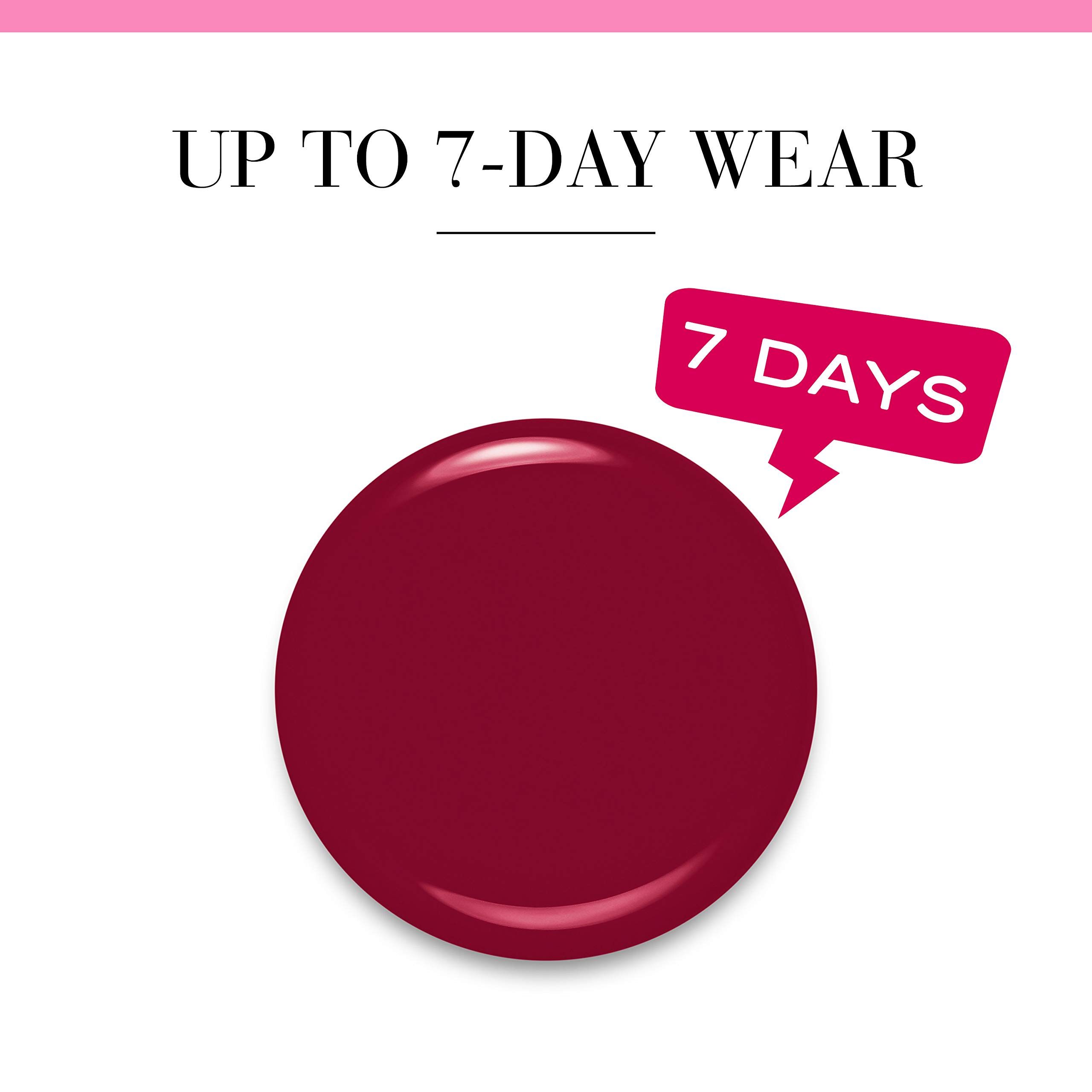 Macchia rotonda di smalto rosso ciliegia con testo: 7 DAYS. Testo: Up to 7-day wear.