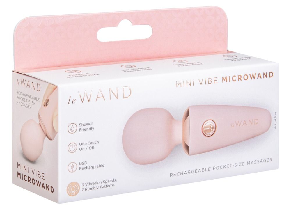 Confezione di un piccolo vibratore rosa con etichetta 'MINI VIBE MICROWAND'.
