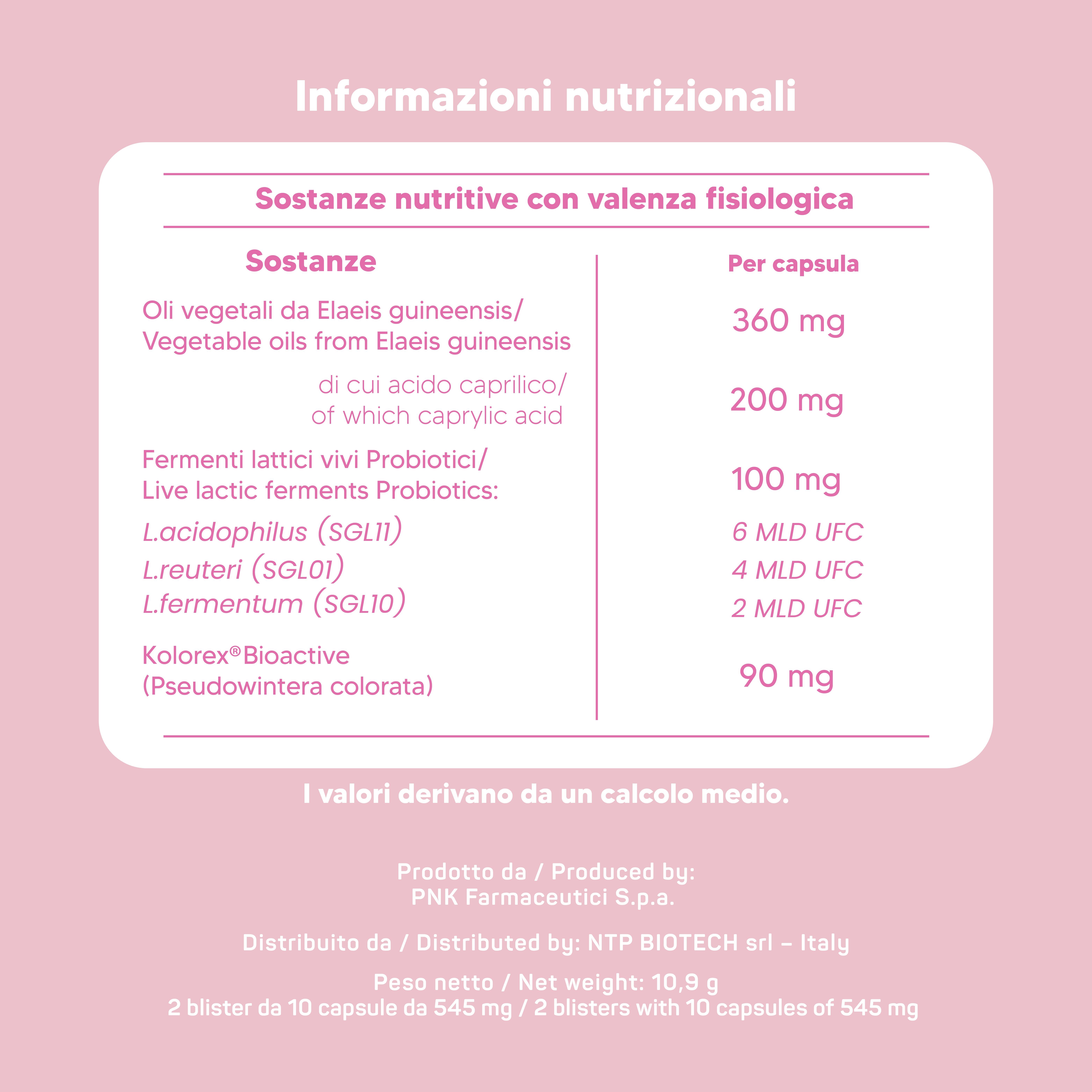 Tabella nutrizionale. Mostra ingredienti e quantità per capsula. Contiene oli, batteri lattici e Kolorex Bioactive.