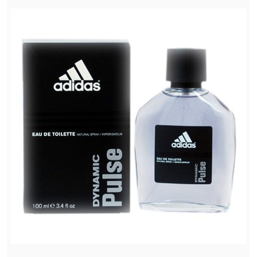 Flacone e confezione. Confezione nera con logo Adidas e scritta Dynamic Pulse. Flacone accanto.