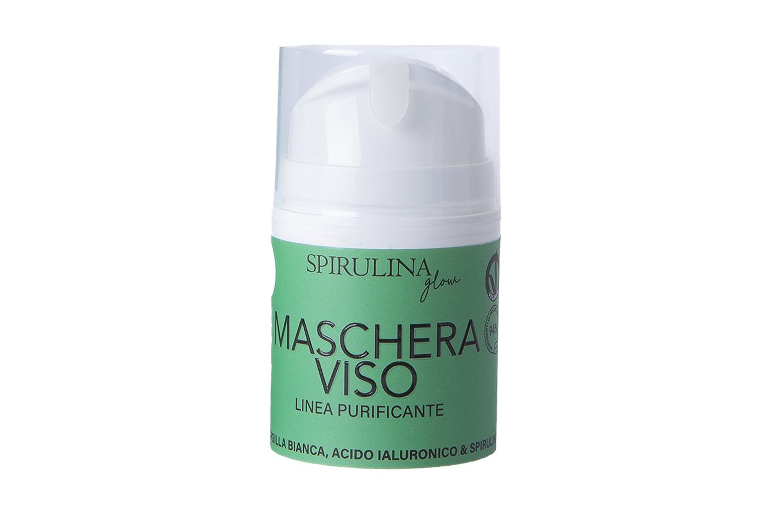 Flacone verde con coperchio bianco. Scritta: Maschera Viso, Linea Purificante. Contiene Argilla Bianca, Acido Ialuronico & Spirulina.