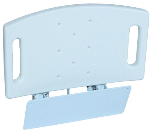 Sedile doccia con supporti a pavimento, vista dal basso. Seduta bianca forata, supporto, giunti metallici, fissaggio a muro.