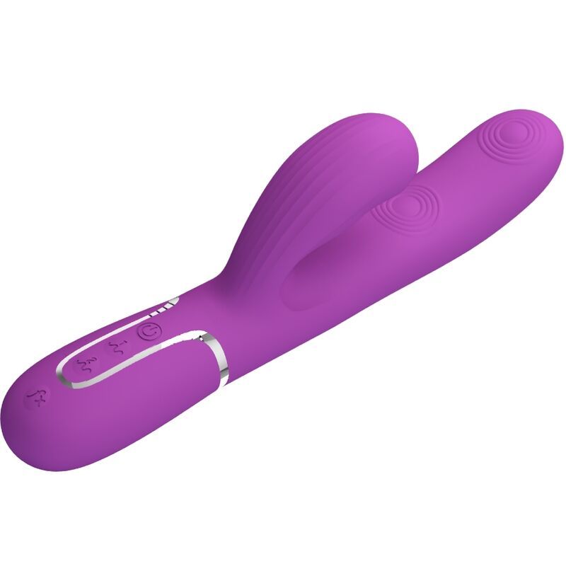 Vibratore coniglio viola, angolato frontalmente, con scanalature e due stimolatori.