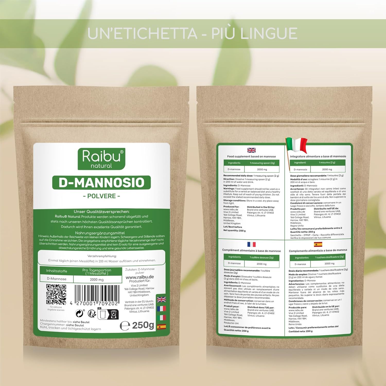 D-Mannosio Polvere Pura 250g - RAIBU