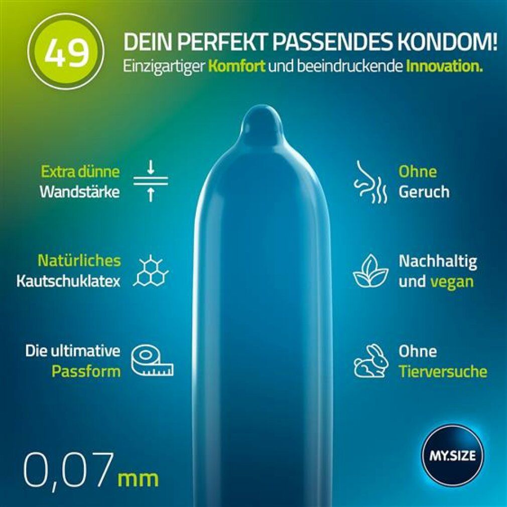 Preservativo blu con icone: sottile, inodore, vegano, senza test sugli animali. Spessore 0,07 mm.