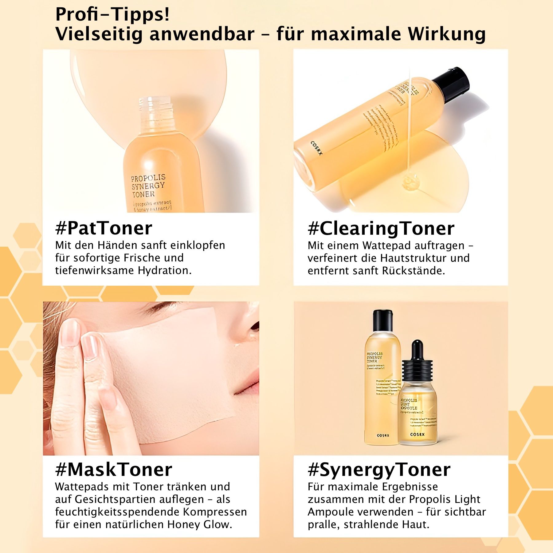 Quattro immagini mostrano gli usi del prodotto: PatToner, ClearingToner, MaskToner, SynergyToner. Flaconi del prodotto.