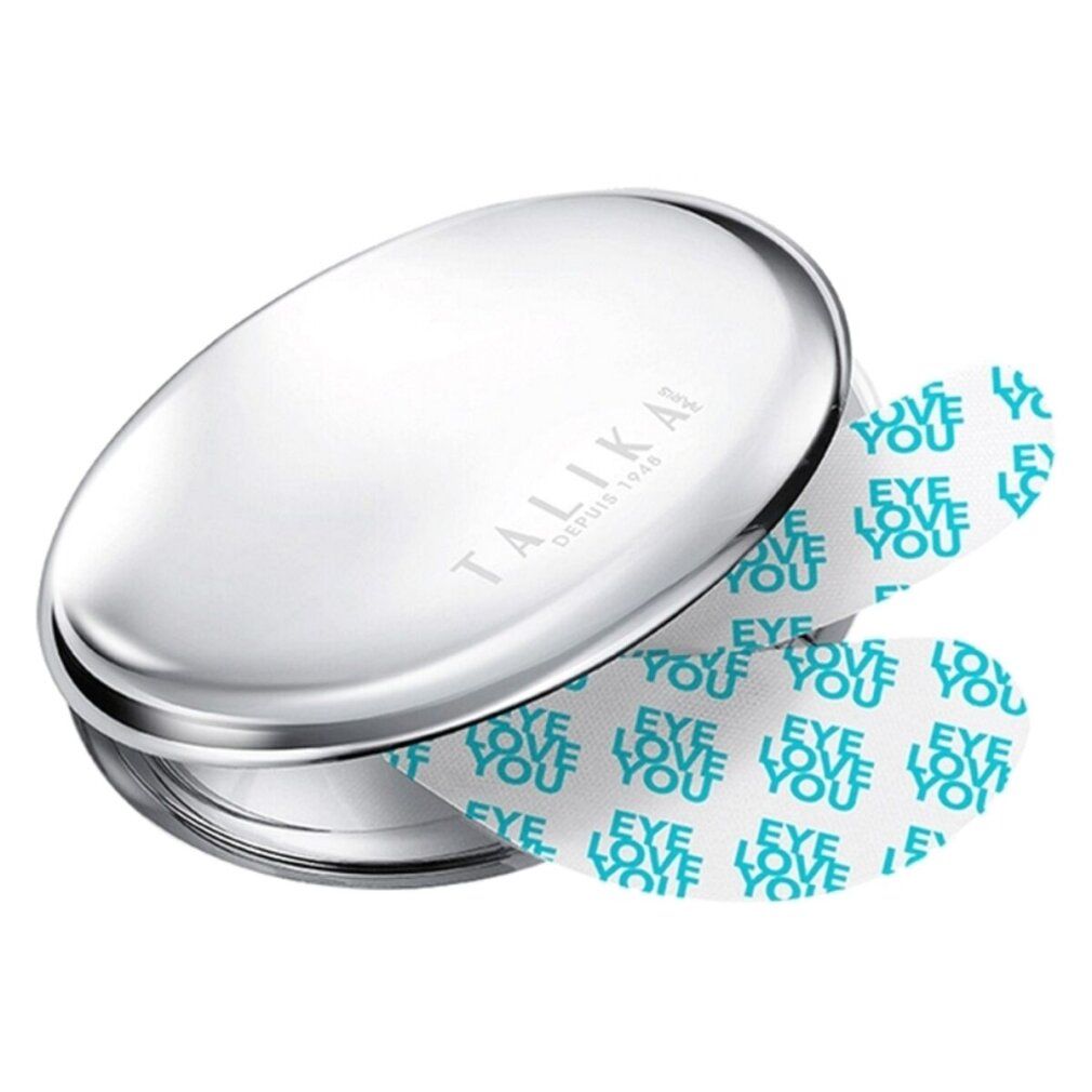 Contenitore ovale argentato con due patch per occhi. I patch riportano la scritta "EYE LOVE YOU".