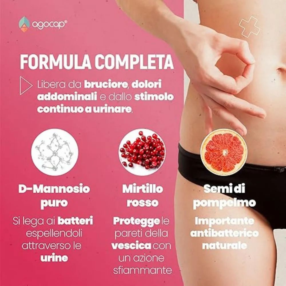 Grafica con ingredienti: D-Mannosio, mirtilli rossi, semi di pompelmo. Testo sugli ingredienti.