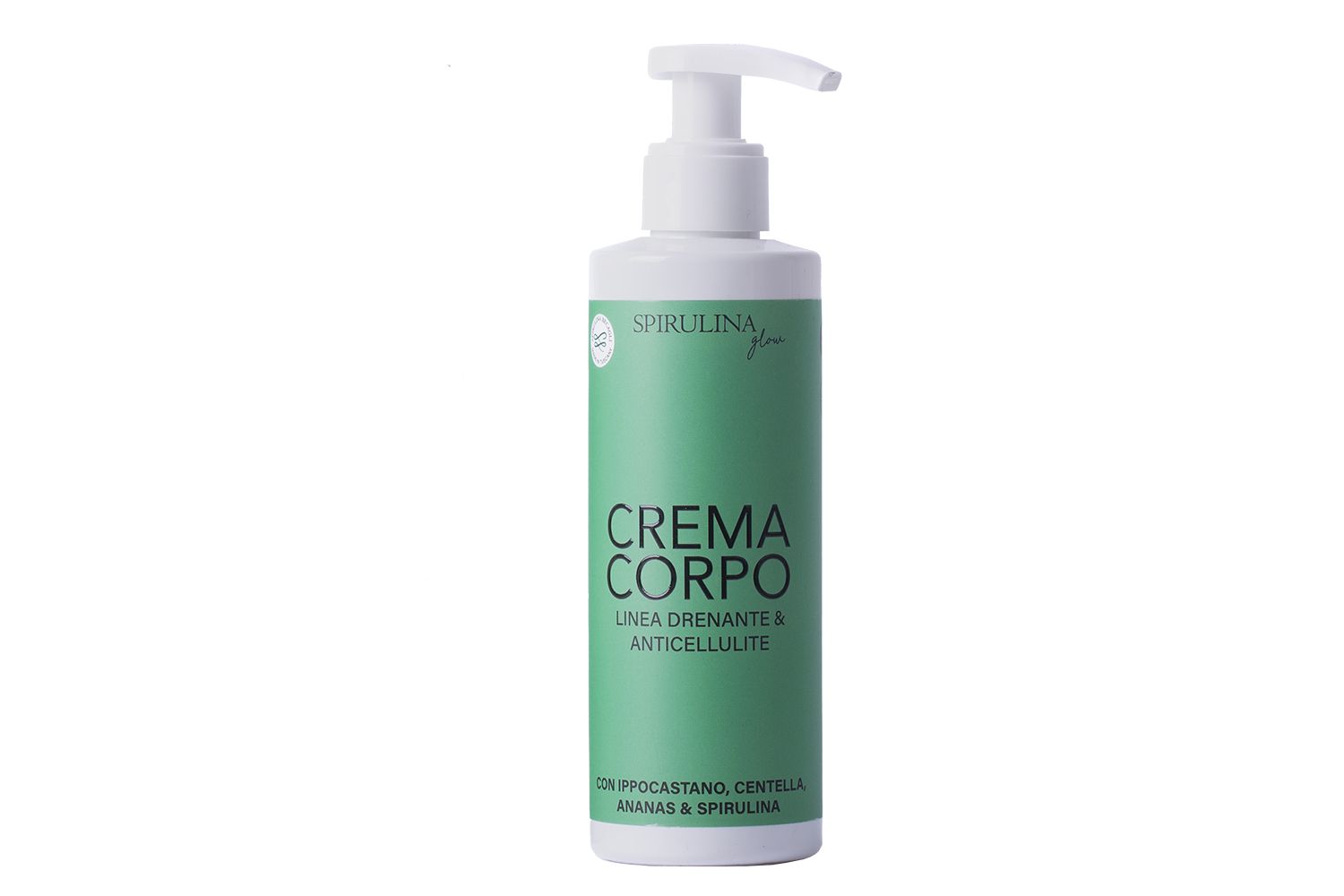 Flacone di crema verde con dosatore. Scritto: Crema Corpo, Anticellulite. Con Spirulina, Ippocastano, Ananas e Centella.