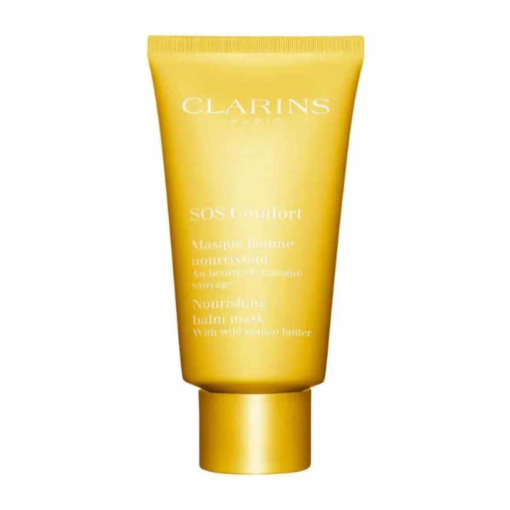 Tubo giallo con tappo giallo. Scritta: Clarins Paris, SOS Comfort, Masque baume nourrissant, Nourishing balm mask.