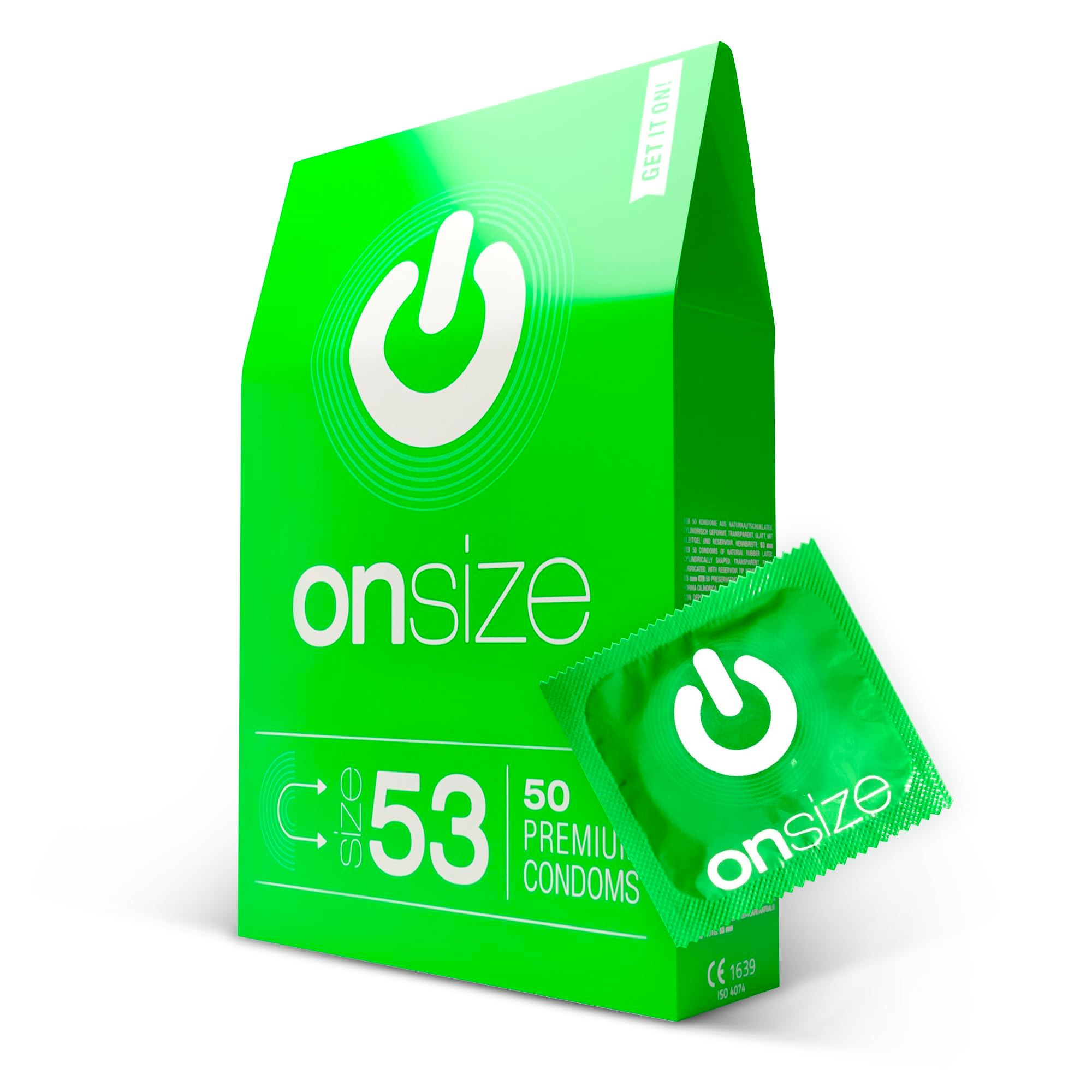 Confezione verde ONsize 53mm con un preservativo confezionato singolarmente.