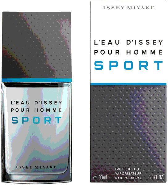 Flacone e confezione. Scritta: L'Eau d'Issey Pour Homme Sport. Tappo grigio, accenti blu. Issey Miyake.