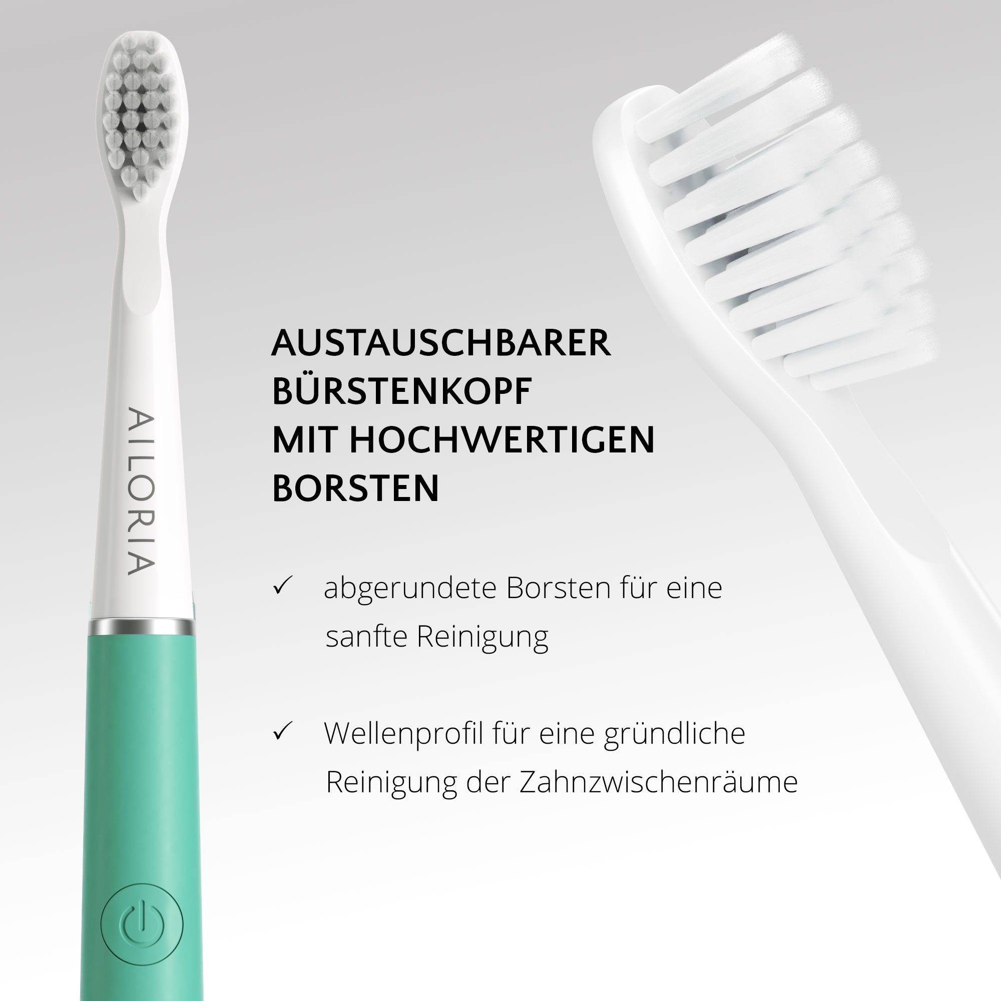 Primo piano della testina. Testo: testina sostituibile con setole di alta qualità.