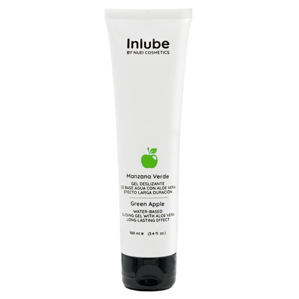 Tubo bianco con tappo nero. Scritta: Inlube, Manzana Verde, Green Apple. Nome del prodotto e logo.