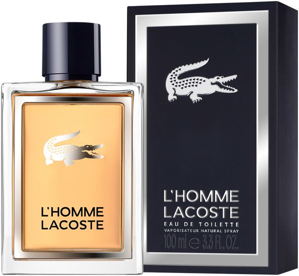 Flacone e confezione L'Homme Lacoste. Flacone rettangolare con contenuto dorato e logo coccodrillo. Confezione nera.