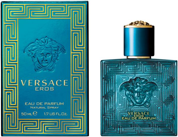 Flacone e confezione turchese. Scritta: Versace Eros Eau de Parfum Natural Spray 50ml 1.7 US FL.OZ.