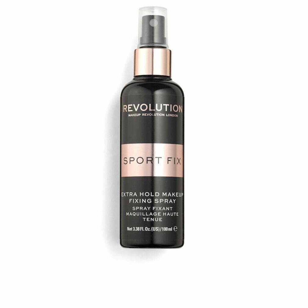 Flacone spray nero con dettagli oro rosa. Scritta: REVOLUTION, SPORT FIX, EXTRA HOLD MAKEUP FIXING SPRAY.