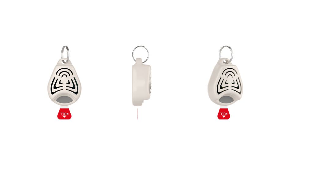 Repellente anti zecche TICKLESS Kinder beige mostrato da tre angolazioni. Con portachiavi e linguetta rossa "Pull".