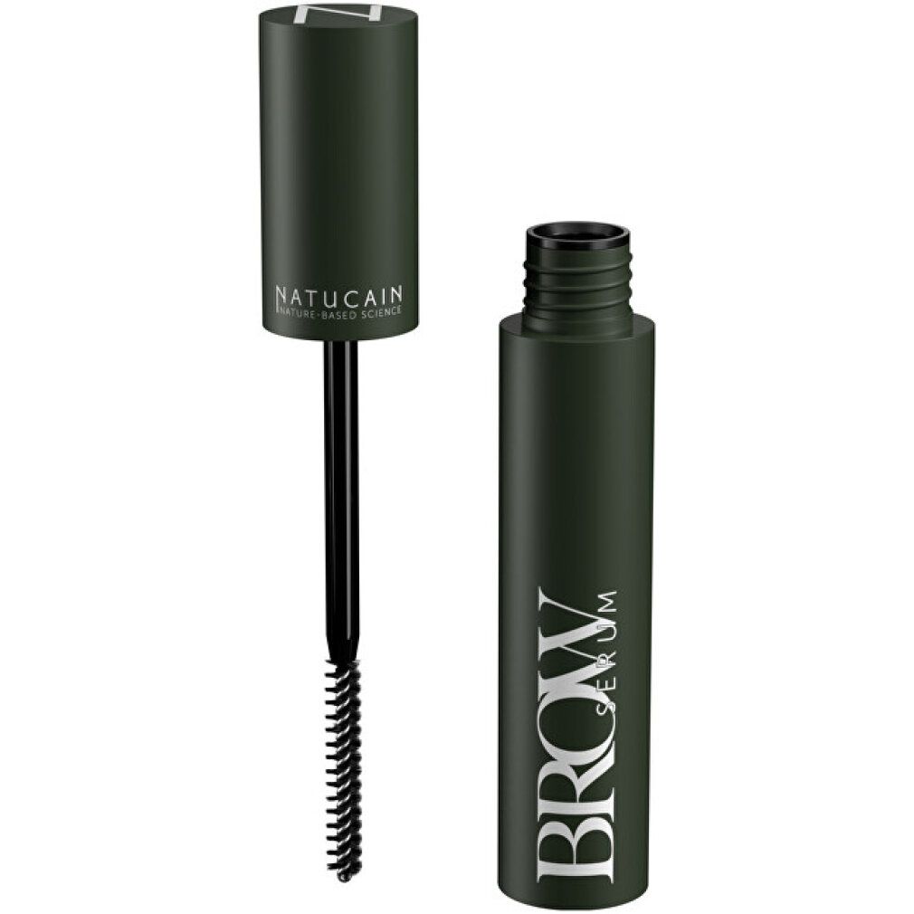 Flacone di siero verde aperto con spazzola nera. Scritta: BROW SERUM, NATUCAIN.