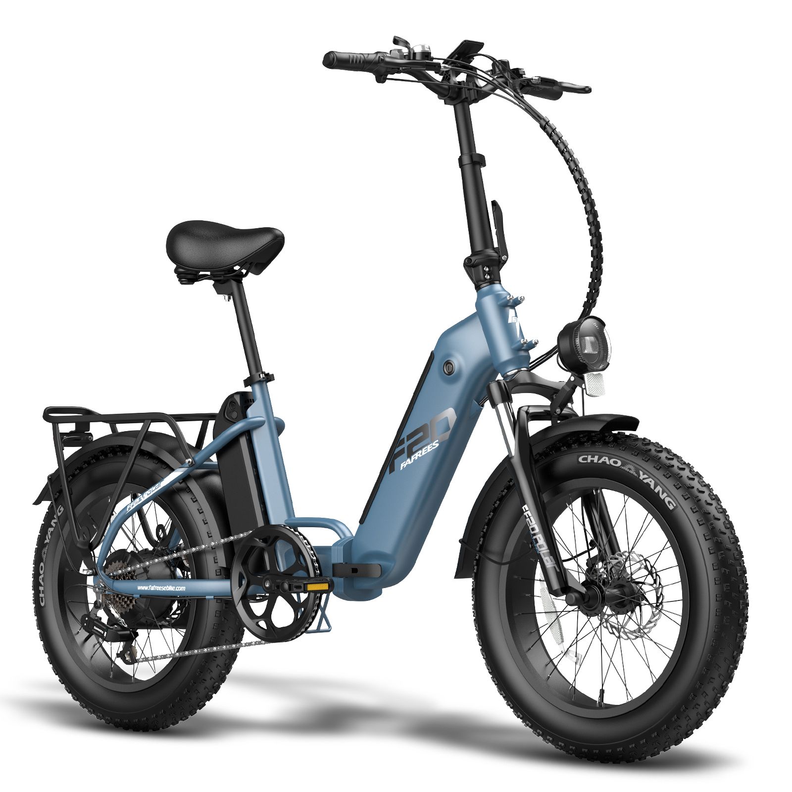 E-bike pieghevole blu. Pneumatici, sella e portapacchi neri. Faro anteriore. Marchio Fafrees.