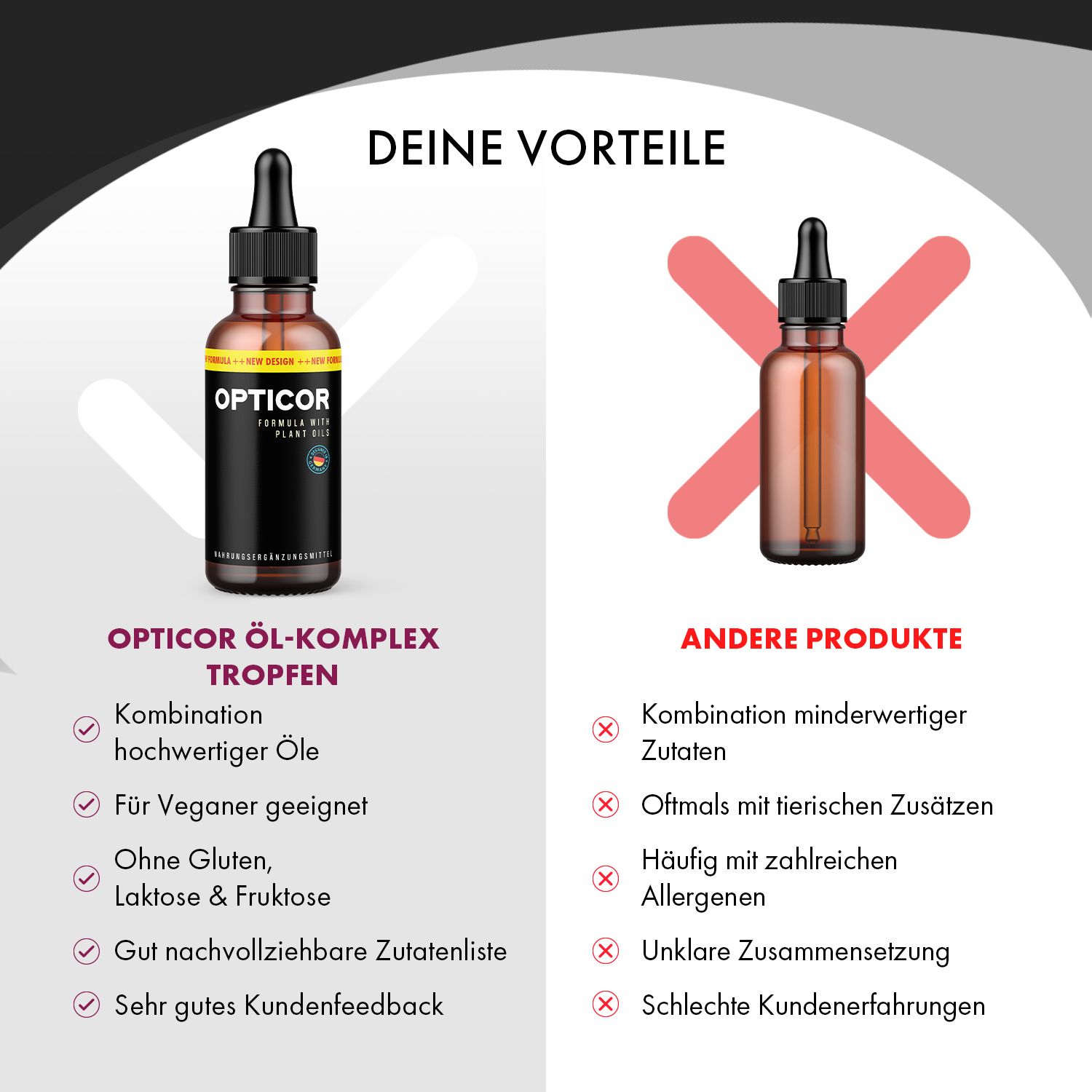 Confronto tra le gocce Opticor Öl-Komplex e altri prodotti. Vantaggi e svantaggi presentati in forma testuale.