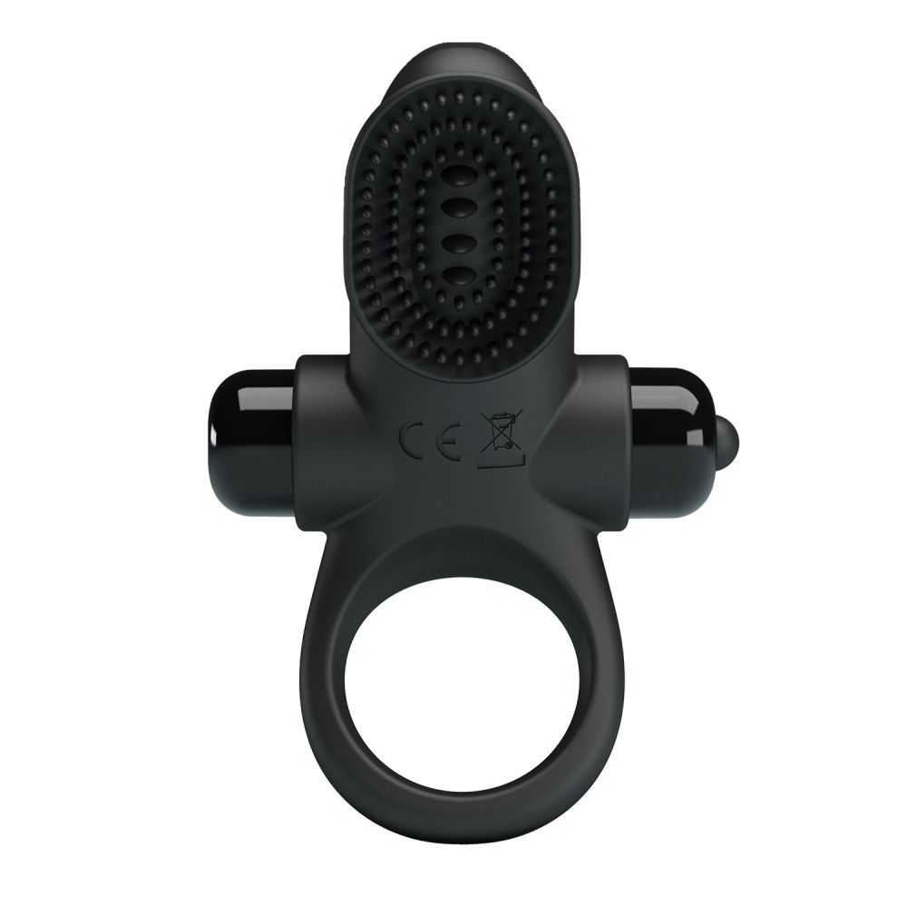 Anello penieno nero con anello, testina vibrante e rilievi. Marchio CE.