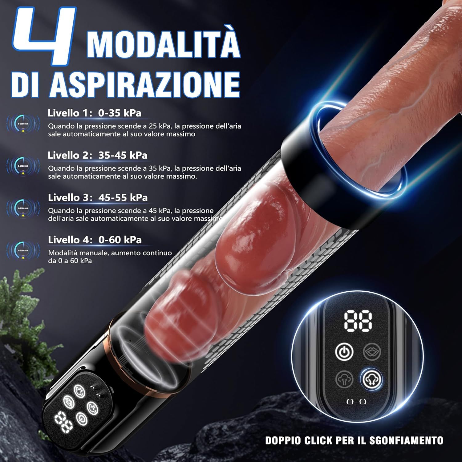 Pompa con display digitale e testo. Mostra 4 modalità di aspirazione. Corpo nero con dettagli dorati.