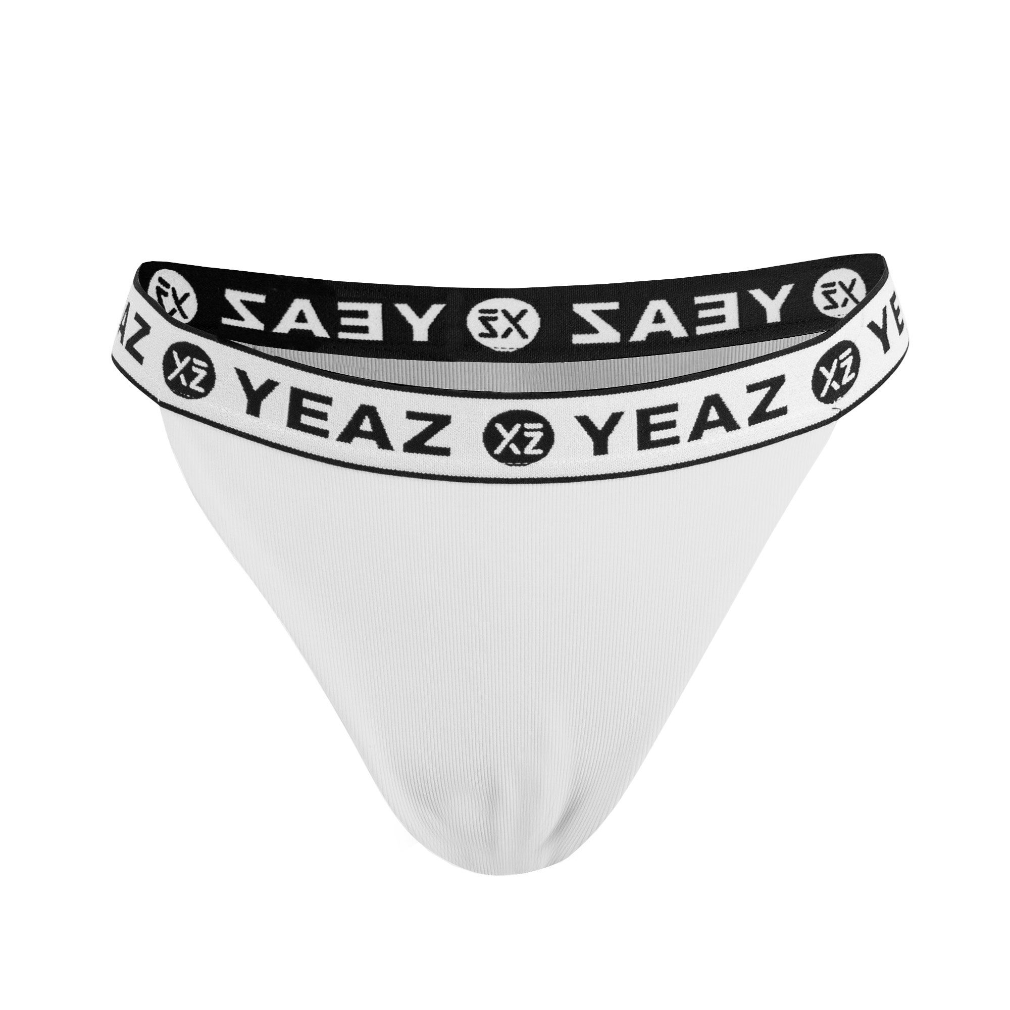 Jockstrap bianco con fascia nera e scritta logo bianca.