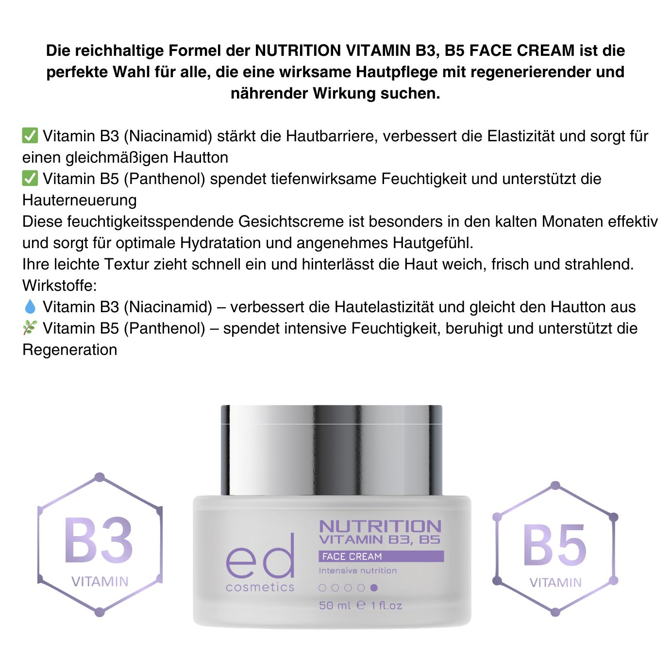 Vasetto di crema con coperchio argentato. Testo e loghi delle vitamine B3 e B5. Testo in tedesco.