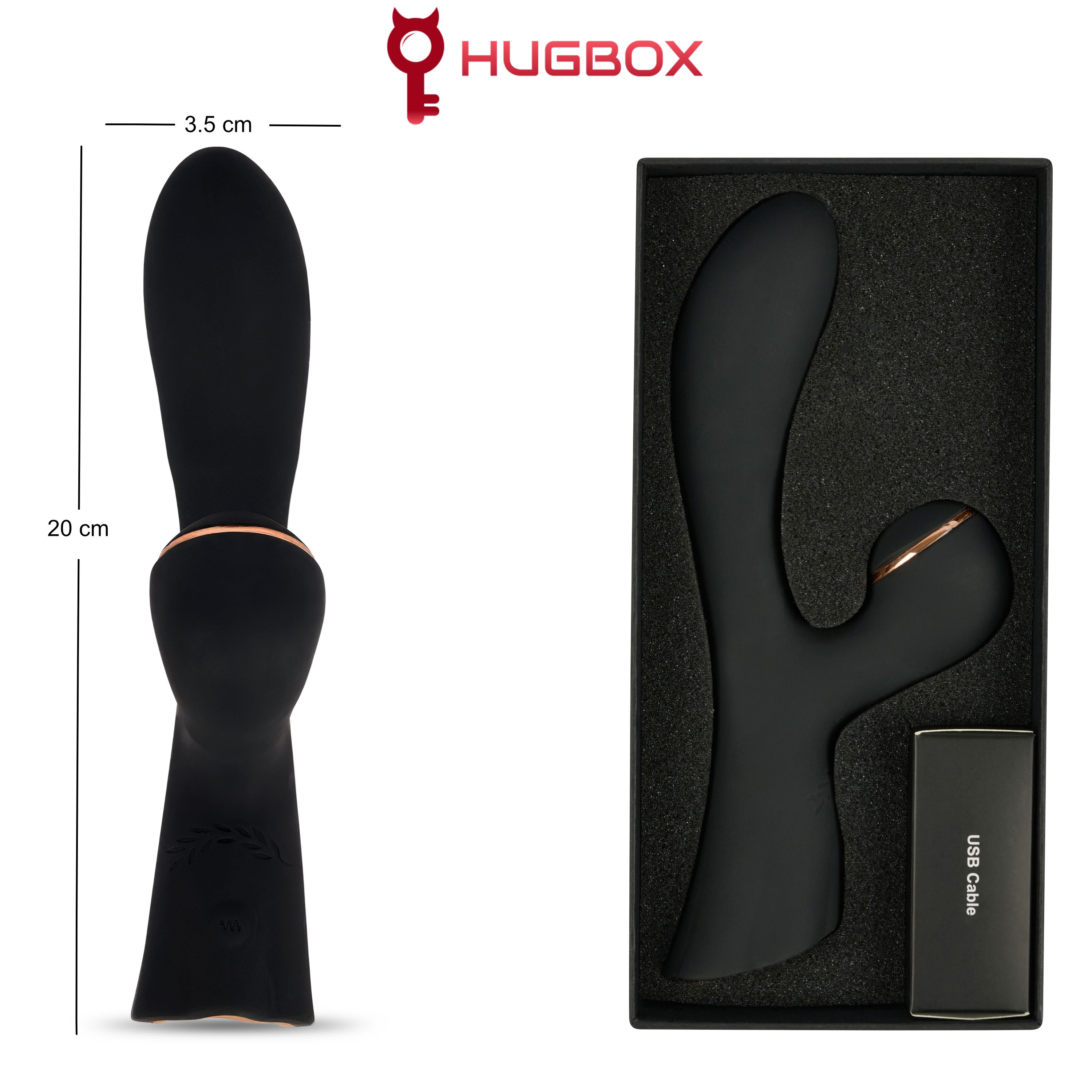 Prodotto benessere nero in confezione nera. Cavo USB incluso. Dimensioni: 20 cm x 3,5 cm. Logo HUGBOX.