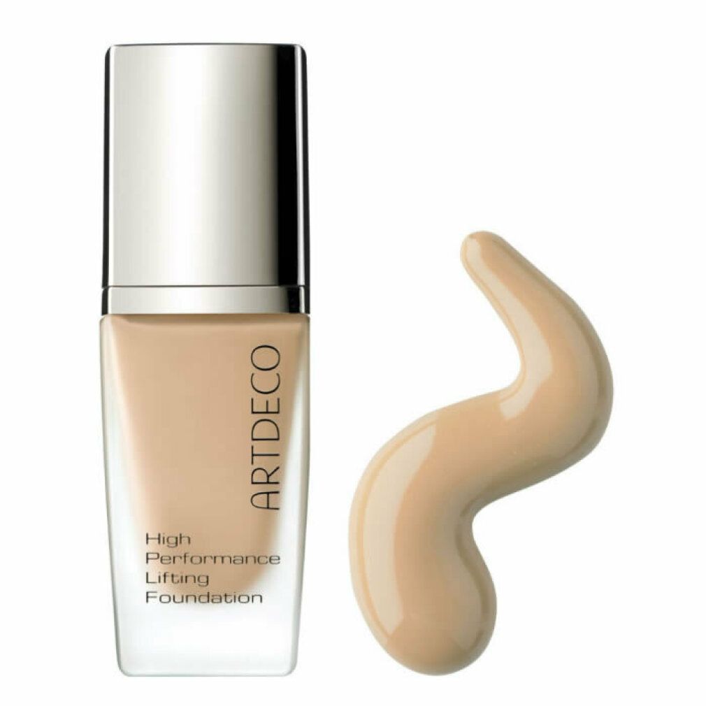 Flacone di fondotinta beige con tappo argentato e campione. Scritta: Artdeco, High Performance Lifting Foundation.