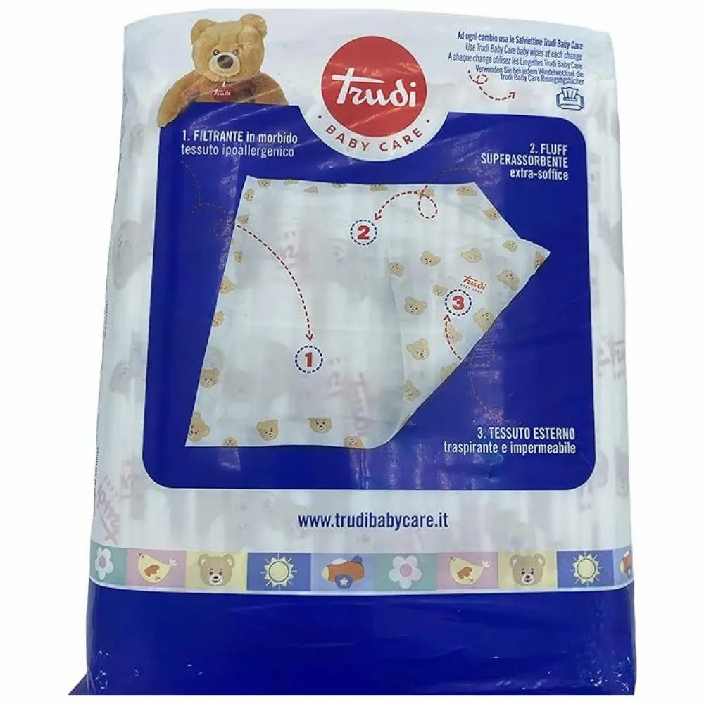 Confezione di traverse Trudi Baby Care. Dettagli del prodotto: 1. tessuto ipoallergenico, 2. fluff extra-morbido, 3. tessuto traspirante.