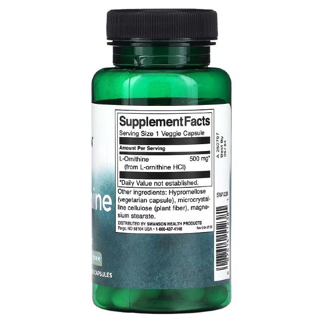 Flacone verde con tappo nero. Retro con informazioni nutrizionali. Contiene L-Ornitina 500 mg. 1 capsula vegetale per porzione.