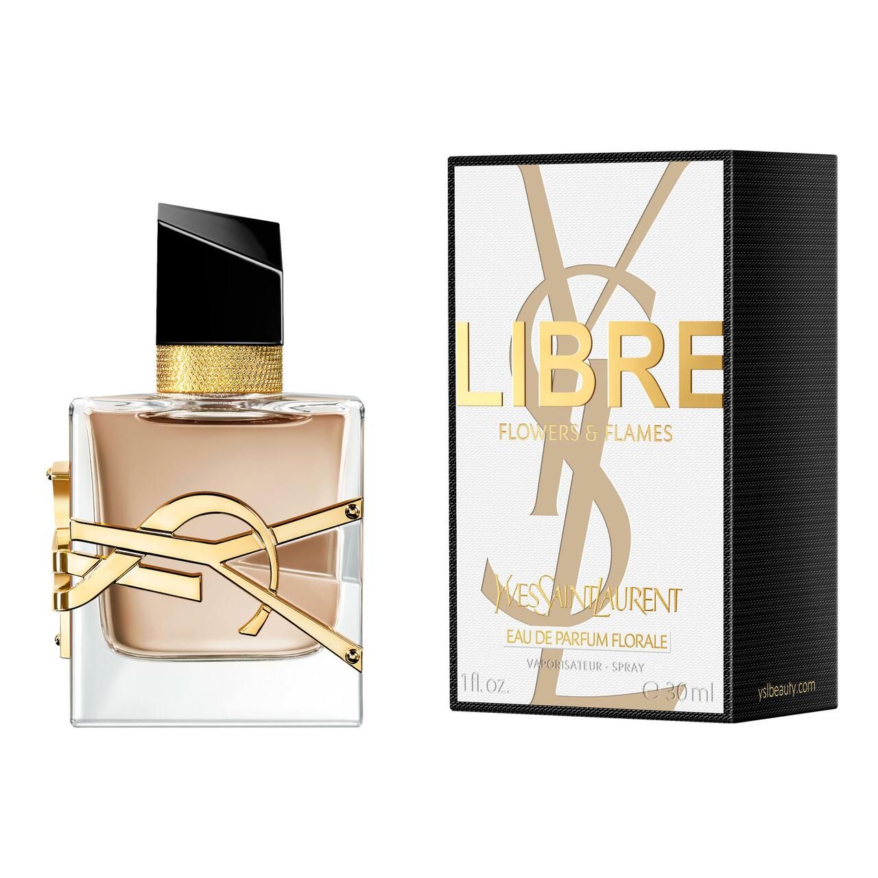 Yves Saint Laurent Libre Florale Eau de Parfum 30 ml. Flacone e confezione. Logo dorato, tappo nero. Scritta: Libre, Eau de Parfum Florale.